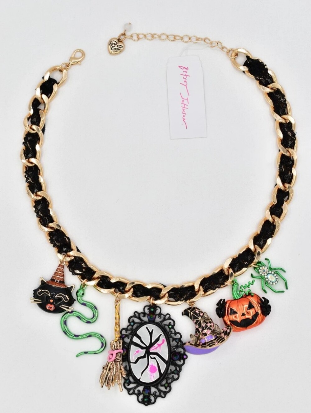 Betsey Johnson Witchy Lace Necklace Halloween Cat Spider Charm Statement NWT